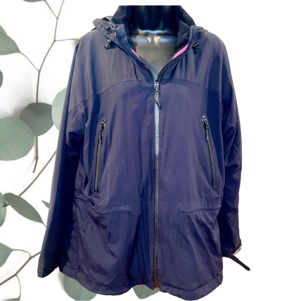 Lands End basic black rain jacket with pink accents around neck - size L